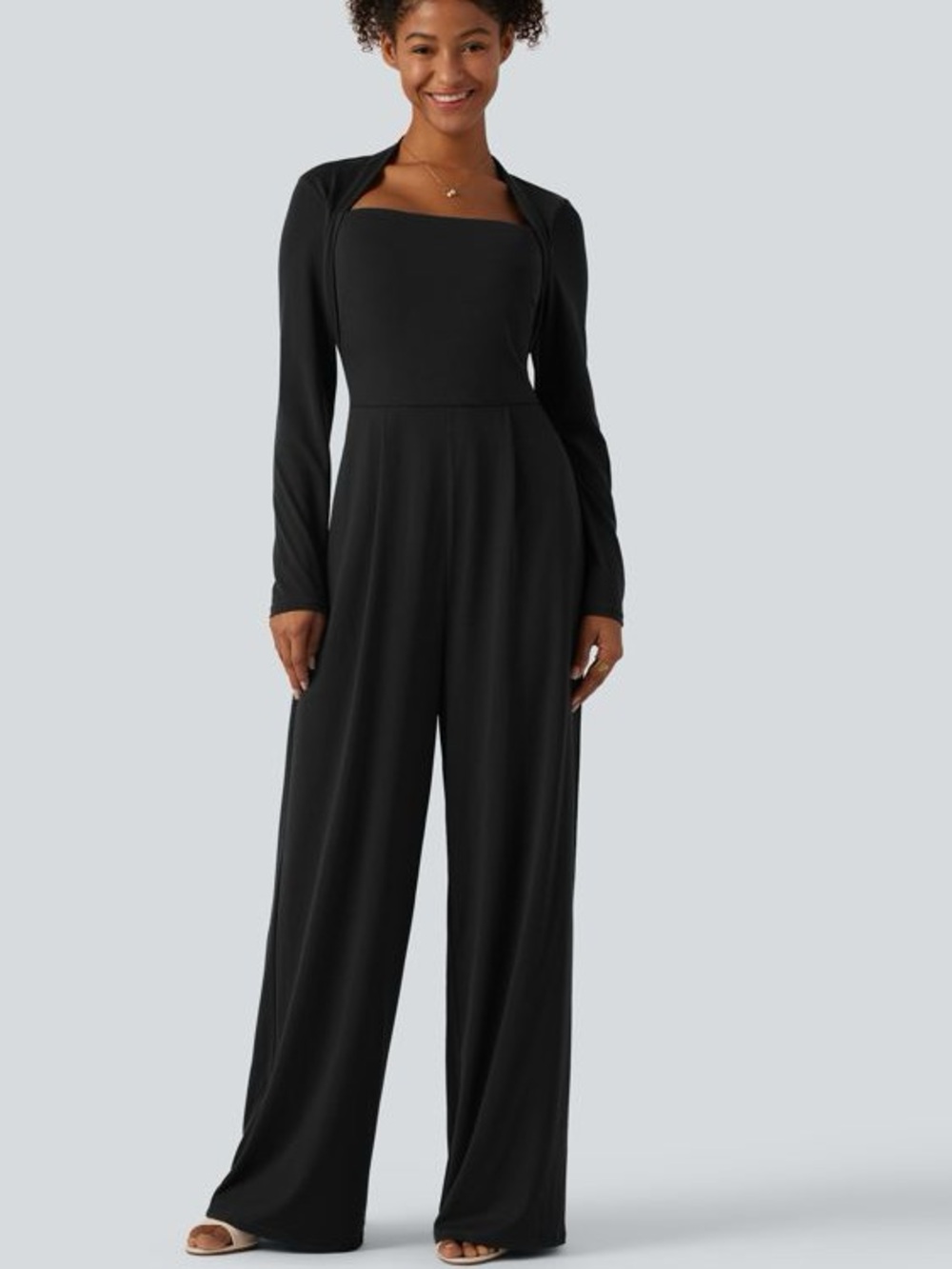 NWT Halara Black Square Neck Long Sleeve Wide Leg Jumpsuit Size Small